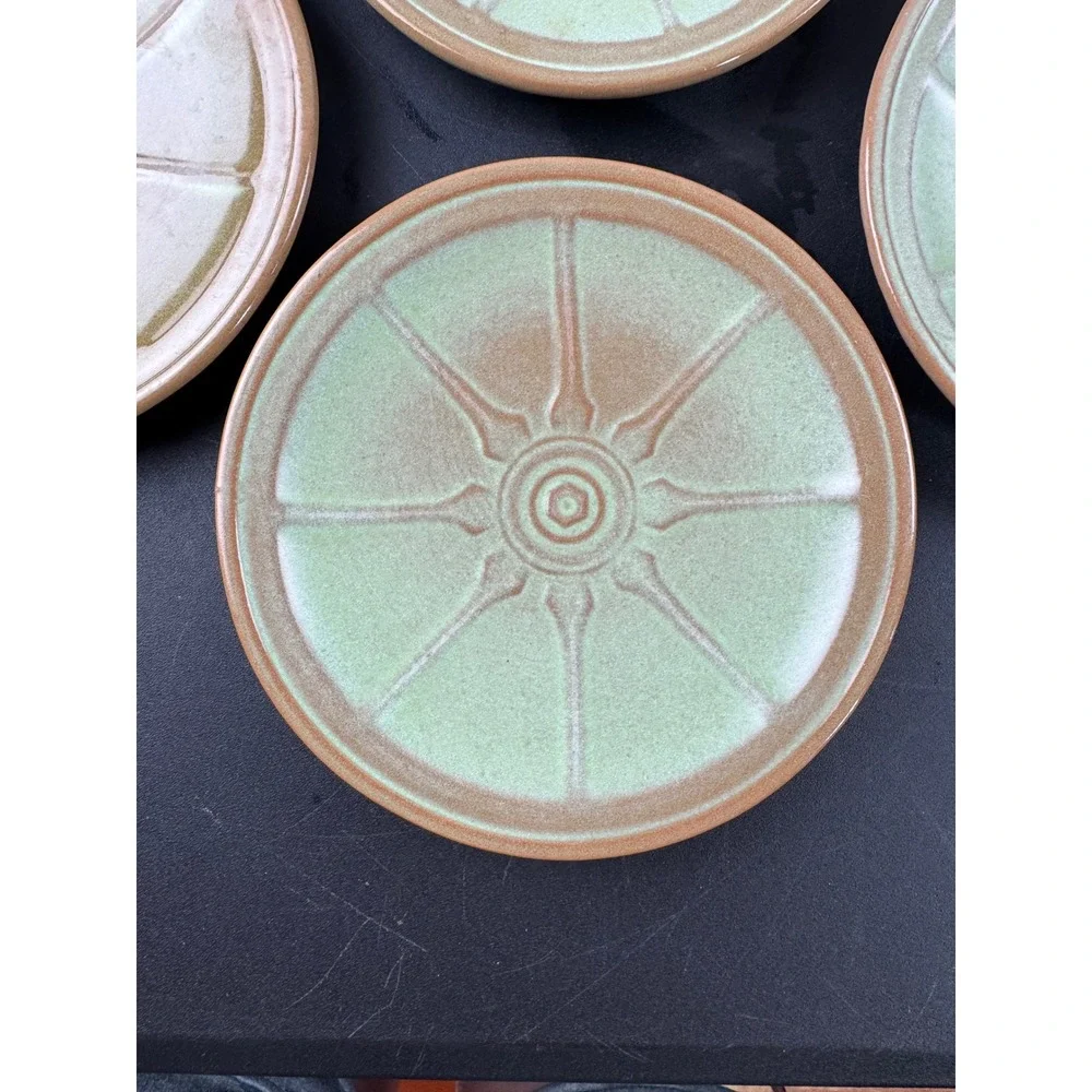 Vtg Frankoma Appetizer Plates Set‎ of 7 Brown Green Wagon Wheel Sunburst 6.5